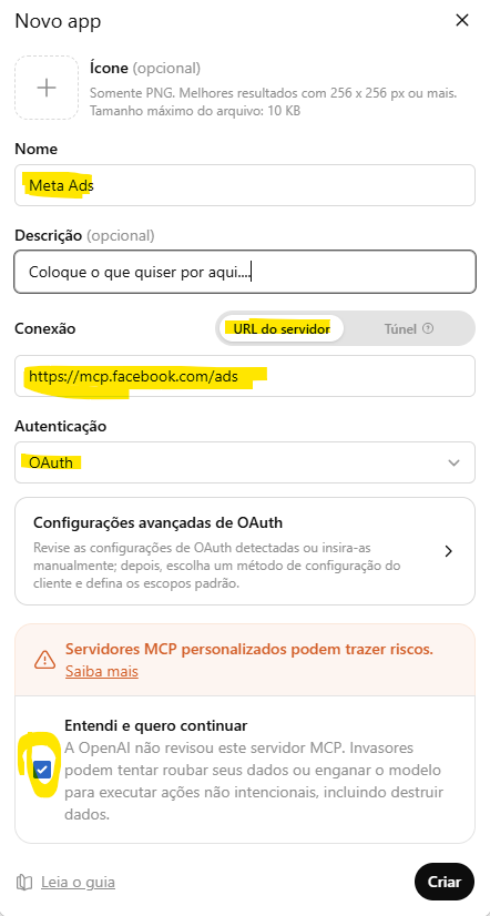 Preencha os dados do novo aplicativo